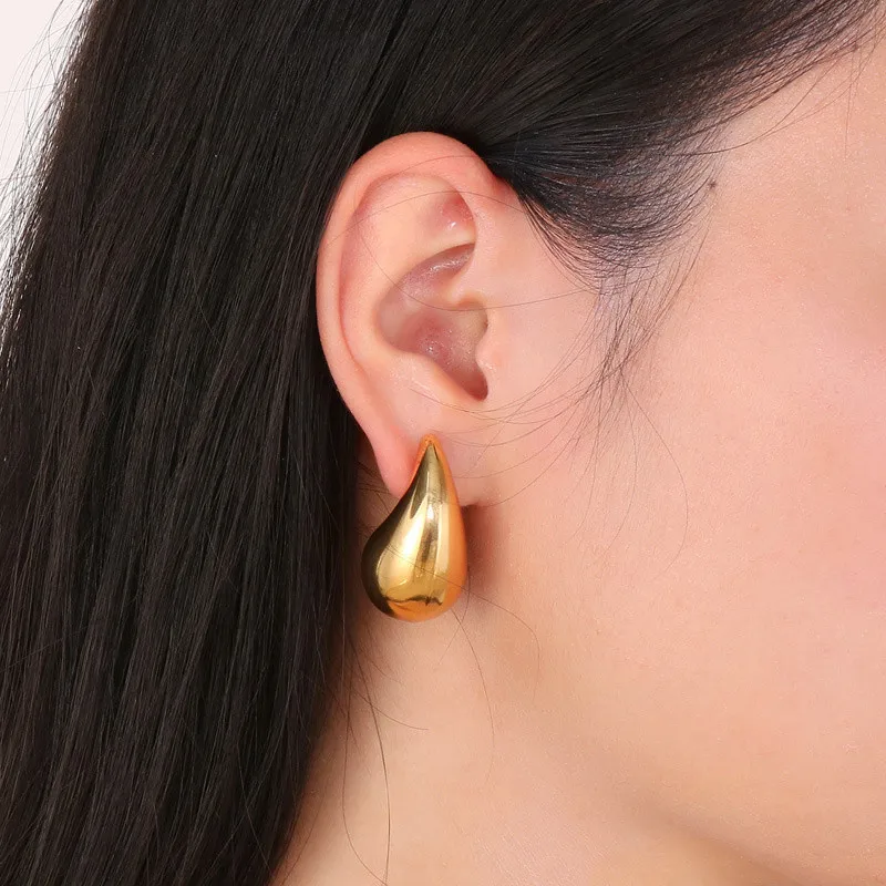 Drop Earrings Vintage Gold Plated Chunky Dome Drop Earrings for Women Glossy Stainless Steel Thick Teardrop Earrings Dupes Lightweight Hoops
