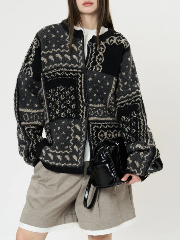 [LANMREM] Print Design Contrast Color Knit Sweater For Women Round Neck Long Sleeve Cardigan Coats 2025 Spring New 26C1702 2