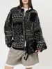 [LANMREM] Print Design Contrast Color Knit Sweater For Women Round Neck Long Sleeve Cardigan Coats 2025 Spring New 26C1702 2
