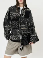 [LANMREM] Print Design Contrast Color Knit Sweater For Women Round Neck Long Sleeve Cardigan Coats 2025 Spring New 26C1702 2