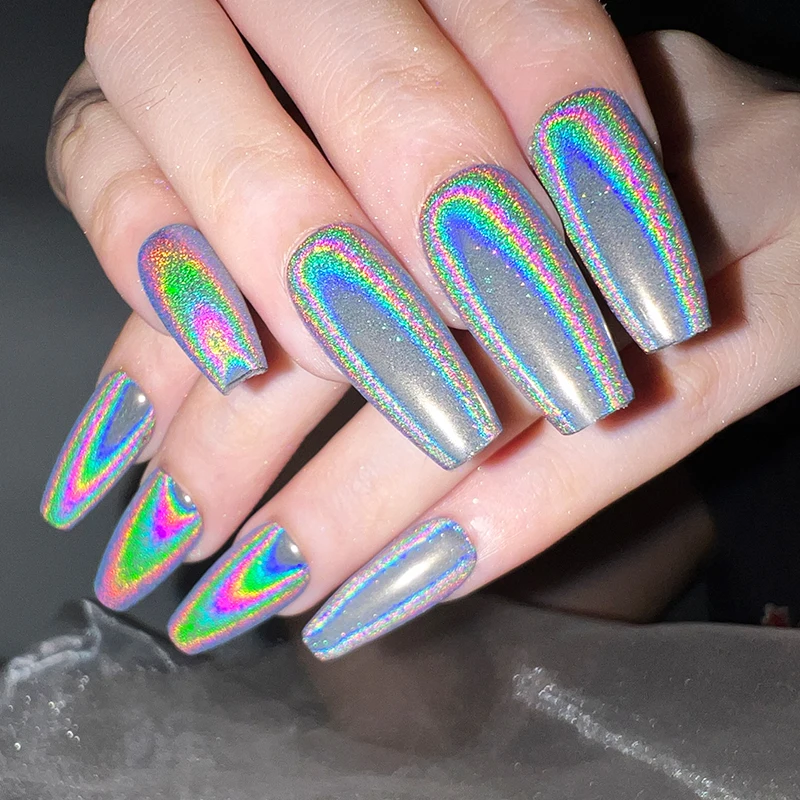 HNDO New Nails Silver Holographic Powder Rainbow Effect Professional Manicure Nail Art Unicorn Laser Pigment Dust Design
