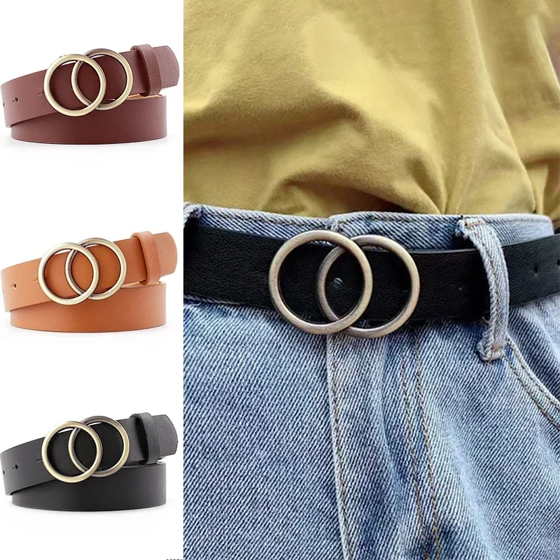 

Belt for Women Big Double Ring Circle Metal Buckle Belt Wild Waistband Ladies Wide Leather Straps Belts for Leisure Dress Jeans