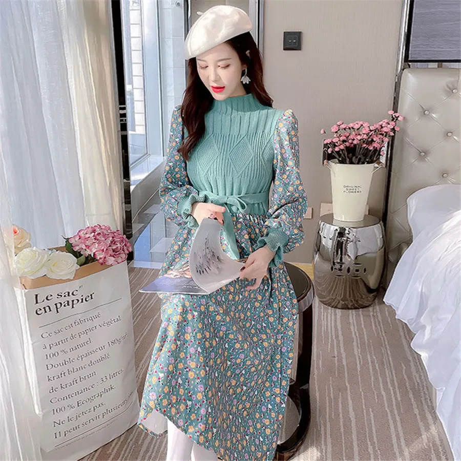 

Women Korean Knitted Dress Casual O Neck Puff Sleeve Bow Drawstring Patchwork A Line Dress Autumn Print Floral Dress