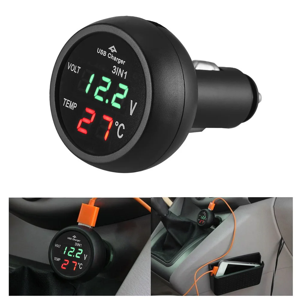 Caricabatterie per Auto 3 in 1 12/24V con Voltmetro e Interruttore, Voltmetro Digitale LED per Auto, Termometro, Caricatore USB - Image 6