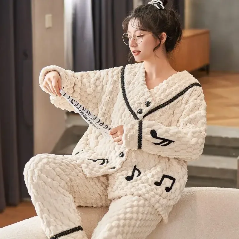 Pajamas Women Winter Homewear Coral Fleece Loose Cute Girl Thickened Pregnant Famale Warm Home Suit Lady Two Piece Sleep Clothes