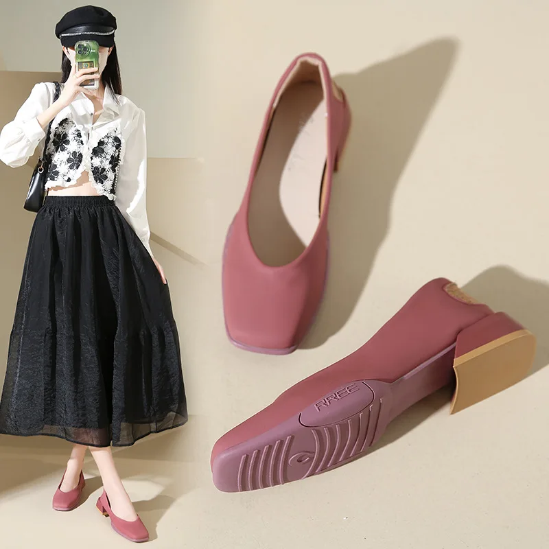 Women's Single Shoes  Summer New Thick Heeled Square Toe Shallow Mouth Grandma's Shoes Mary Jane's Shoes for Women
