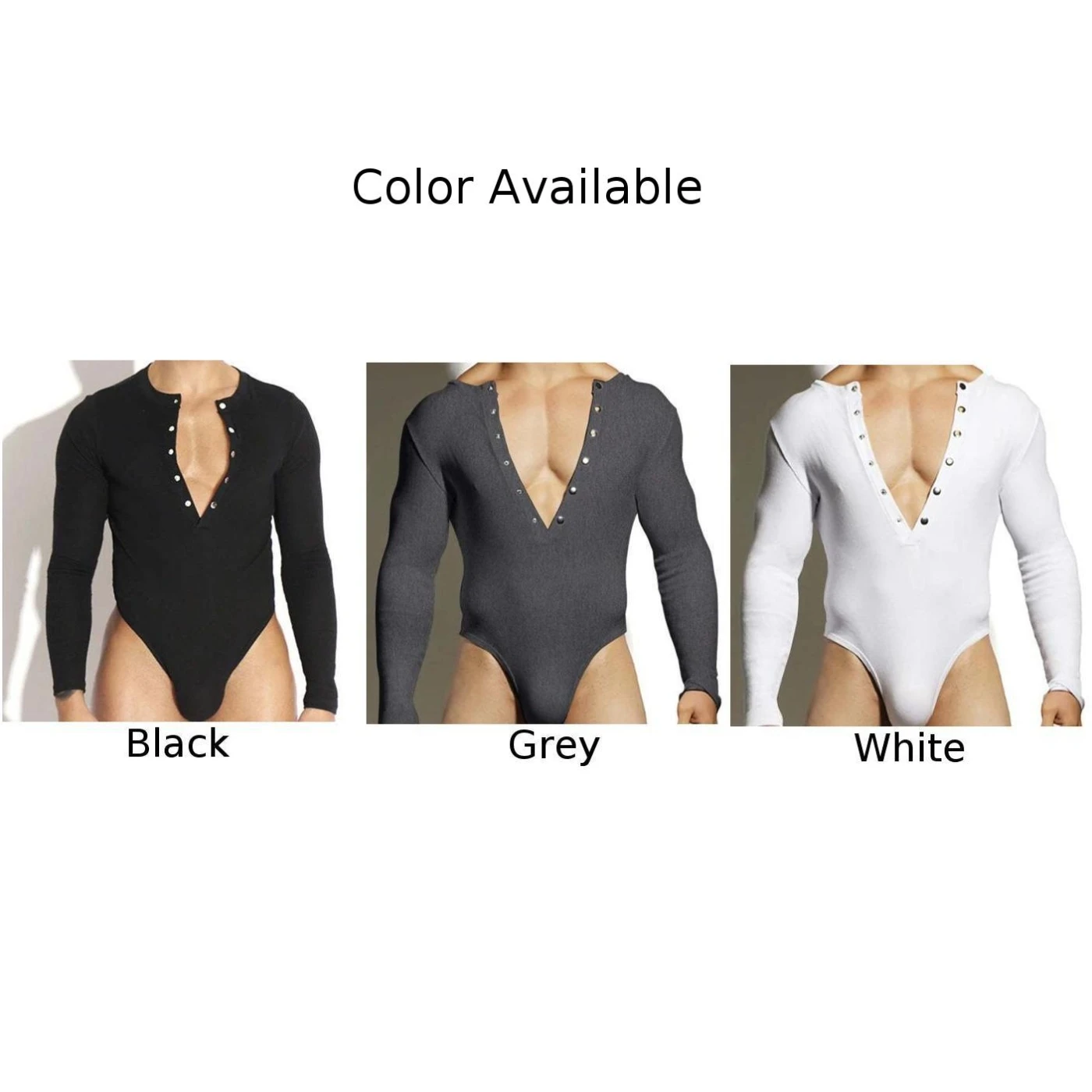 Men Bodysuit V Neck Long Sleeve Button Sexy Pajamas Fitness Underwear Solid Color Bodycon Jumpsuit T-Back Jumpsuit