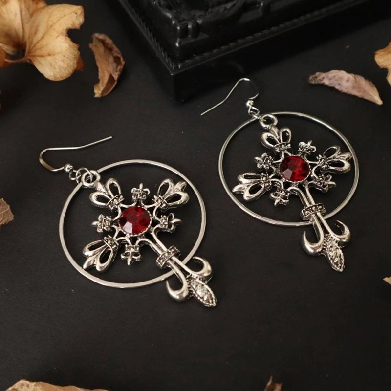 Visual Kei Baroque Crystal Cross Hoop Earrings & Necklace Set