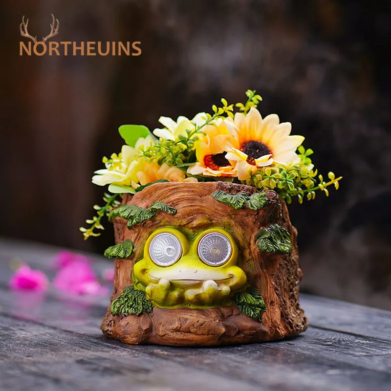 

NORTHEUINS Resin Frog Tree Stump Flower Pot Figurines Solar Outdoor Decor Solar Lights Statue Garden Miniatures Animal Objects