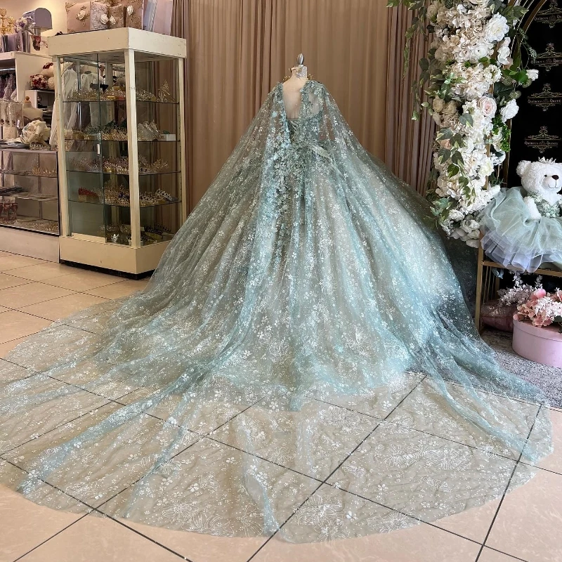 Shiny Quinceanera Dresses With Cape Ball Gown Sweetheart Lace Beading Tulle Lace-Up Backless Party Princess Sweet 16 Dress