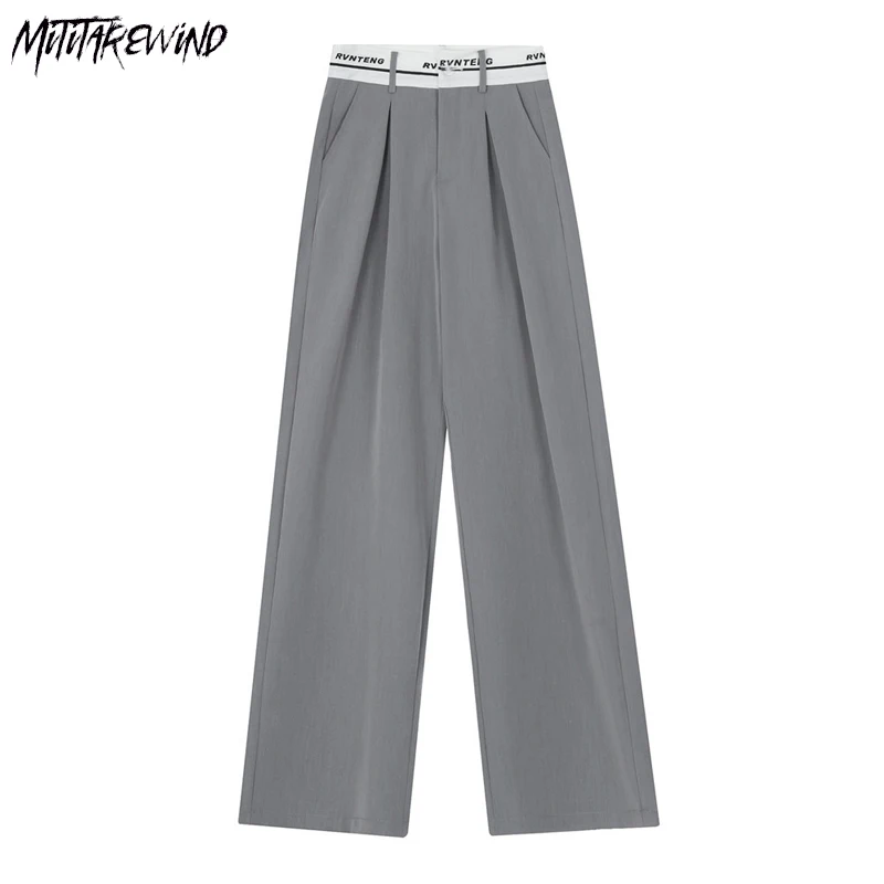 

High Street Straight Casual Trousers Color-block Waist Slim Wide-leg Trousers Loose Vintage Streetwear Pants Men Unisex 2023