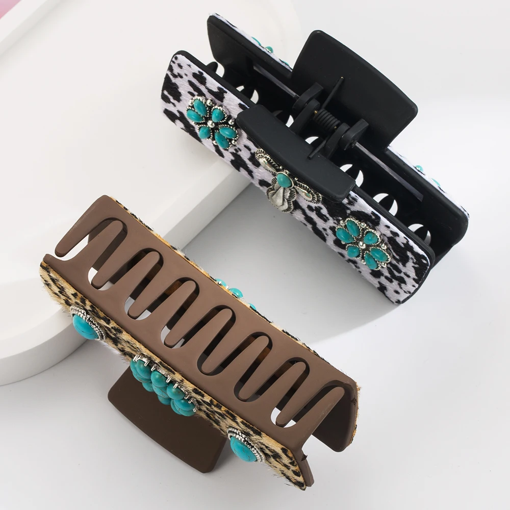Leopard Pattern Shark Clip Alloy Turquoise Accessories Retro Leopard Pattern Leather Grab Clip Trendy Hair Accessories