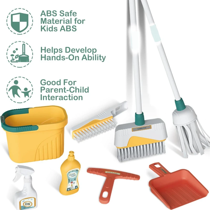 Kids Cleaning Set Housework Supplies Kit with Dustpan Broom Bucket Mop Cleaning Set Play House Toys for Boys & Girls 8PCS/Set