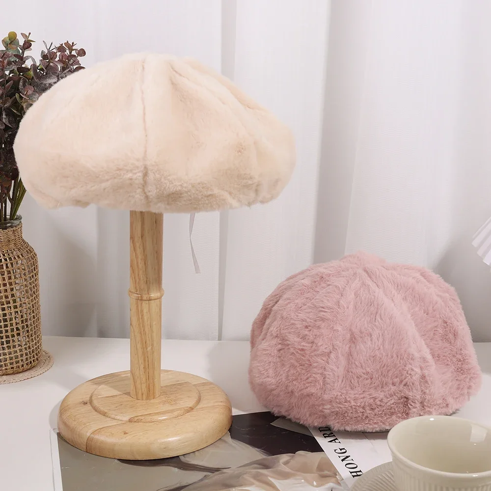 Hot Sale Y2K Rabbit Fur Beret Hat Female Autumn Winter Warm Candy Color All-match Sweet Cute Plush Painter Hats Brim Cap Gorras_autovado.com