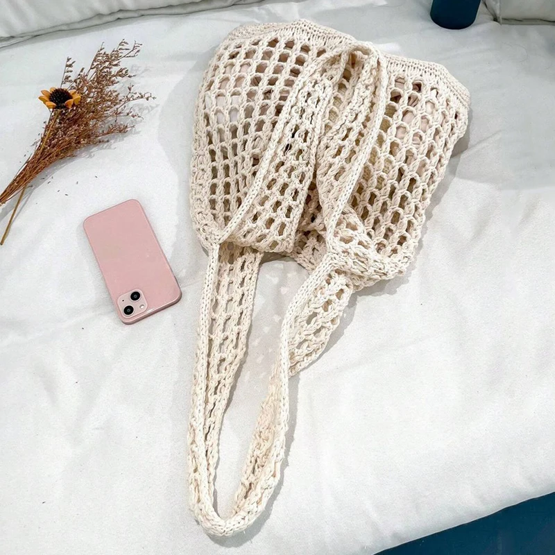 Fashion Crochet Bags for Women Summer Beach Tote Bag Aesthetic Totes Handbag Bohemian Woven Knit Shoulder Bag