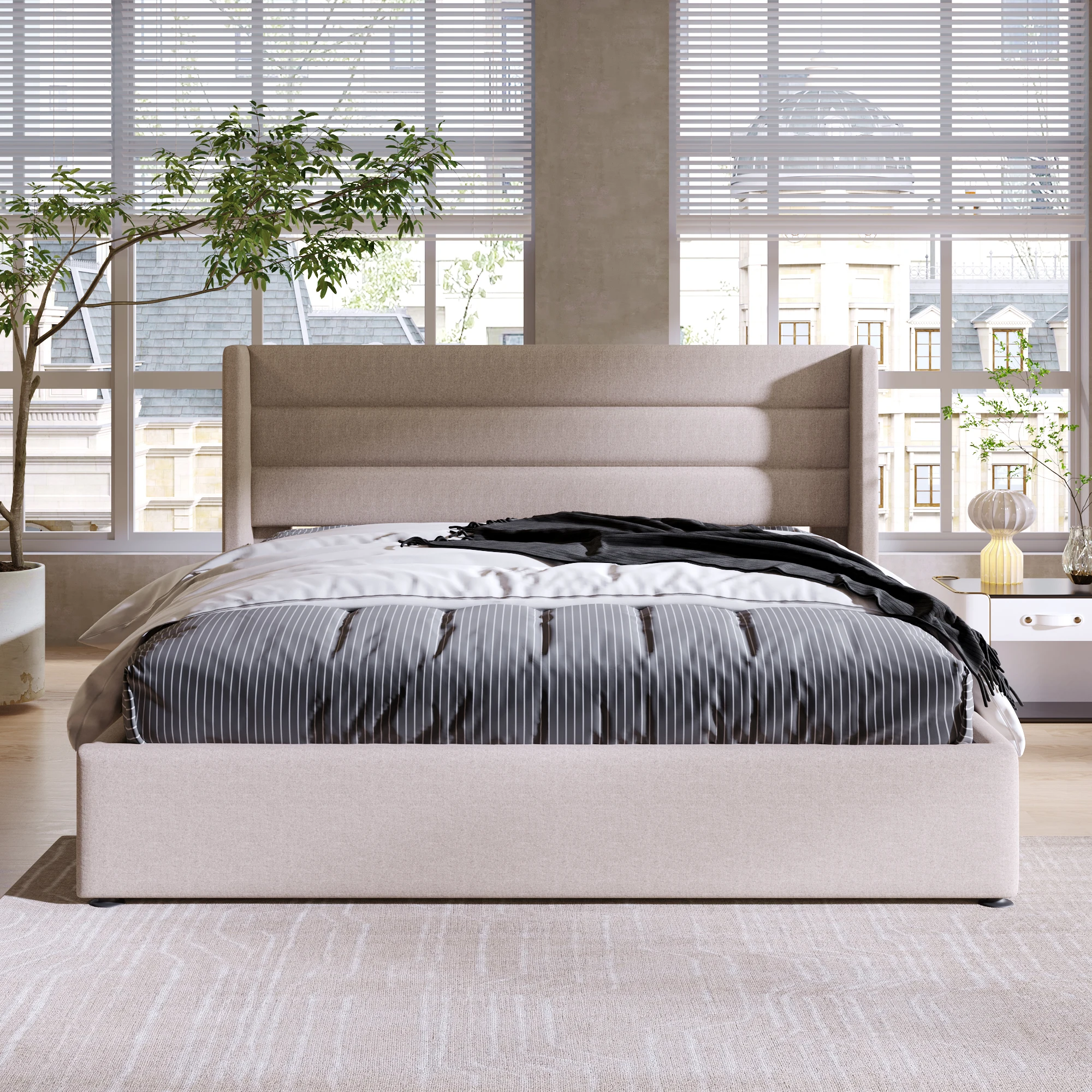 Stauraumbett 180x200cm, gepolstertes hydraulisches Doppelbett mit Holzlattenrost, beige Leinen. – Detail 15