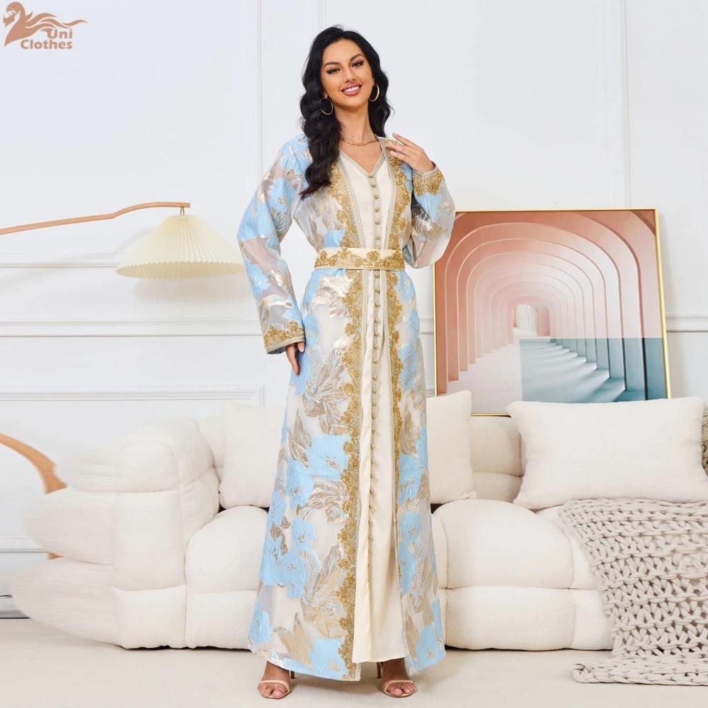 Robe Kaftan Marocaine Élégante Vert Floral – Col V Batwing – Robe Musulmane Eid Aïd Ramadan Mariage Dubaï Pakistan – Taille Unique