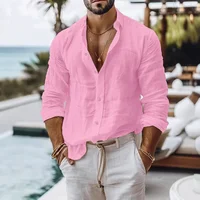 Chemise en coton et lin pour hommes, Style plage d'été, couleur unie, simple boutonnage, chemises respirantes, légères et élégantes, hauts à boutons 4