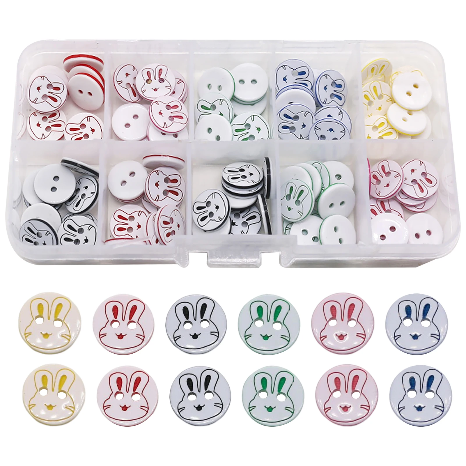  가디건 보관함 포함 플랫 의류, 귀여운 토끼 프린트 아트 공예, 어린이 바느질 액세서리, 수지 버튼 DIY, 150 개