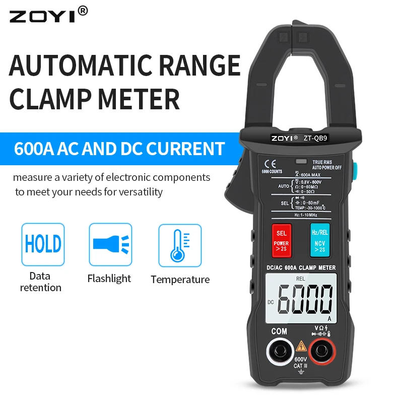디지털 전류 트루 RMS 스마트 플라이어 전류계, 자동 범위 6000 멀티미터, DC AC 전압 Hz Ohm NCV 라이브 테스터 클램프 미터, 600A 전류