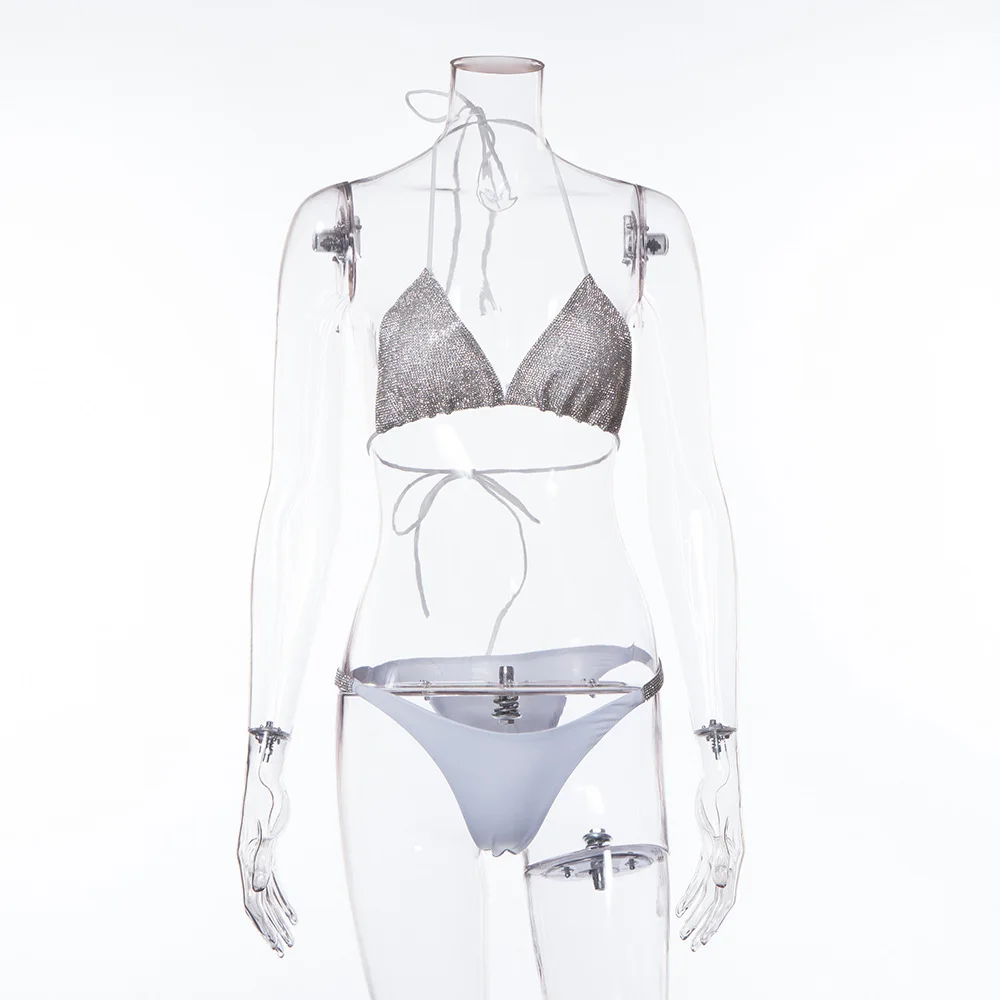 Luxurious Rhinestones Summer Beachwear Sexy  Triangle Bikini top and bottom Elastic Waistband Suspender Swimsuit