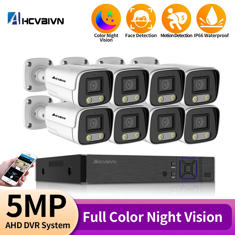 

8CH 5MP Color Night Vision CCTV Camera AHD DVR KitH.265+ P2P Analog Surveillance System Outdoor Waterproof BNC Cam Security Kit