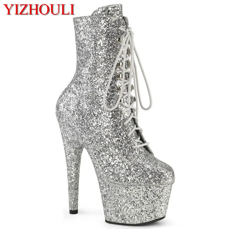 

17CM new sequin upper ankle boots, female European and American pole dance training high heel catwalk high heel dance shoes