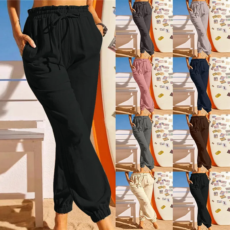 

2022 Summer New Women's Pocket Drawstring Plus Size Fashion Solid Color Retro Legging Pants Elastic Lace Up Casual Pants S-3XL