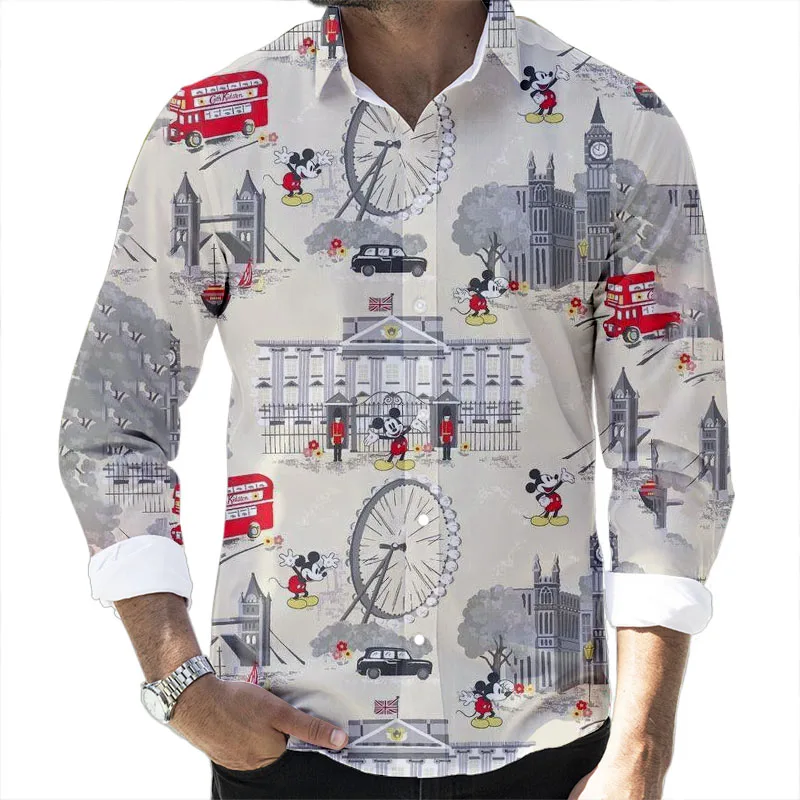 

2022 Fall New Disney Cartoon Casual 3D Printed Men's Long Sleeve Lapel Slim Fit Mickey Mouse Brand Men's Top