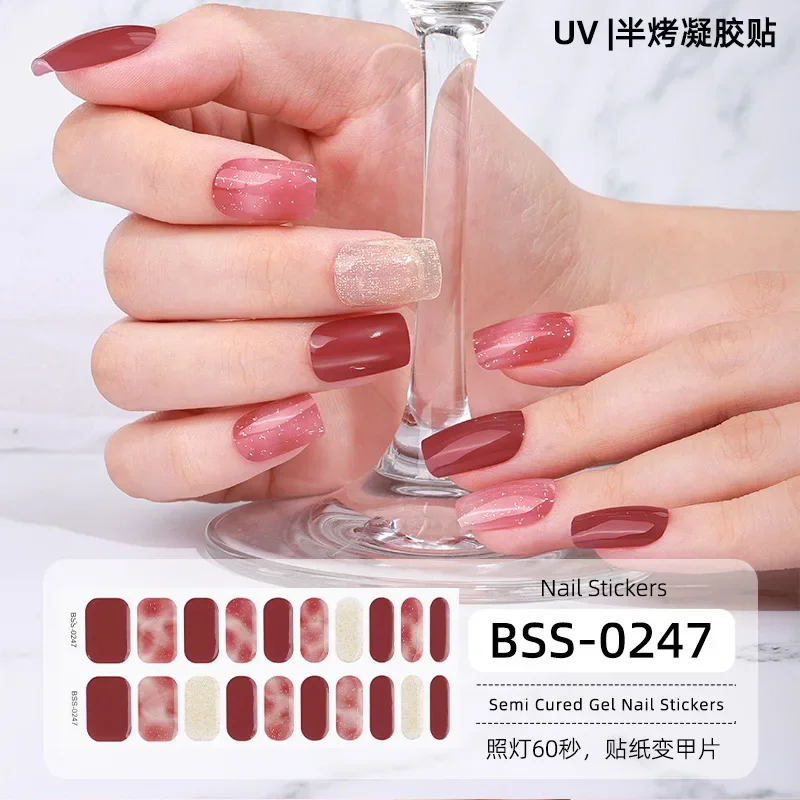 

Полузатемненные гелевые наклейки для ногтей, 16/20/22/24 типсов, Новые французские полузапеченные накладки для ногтей, наклейки с полным покрытием для ногтевого дизайна, необходима УФ-лампа