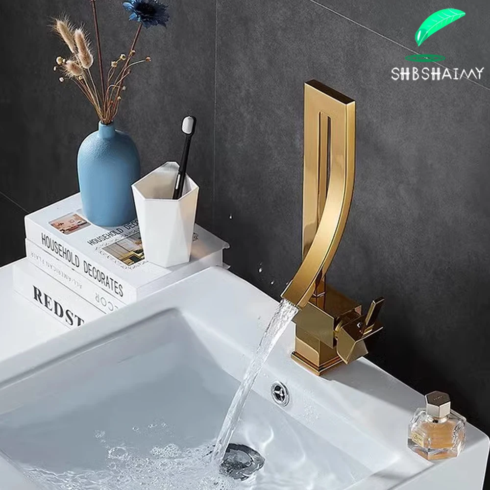 Shiny Gold ก๊อกน้ําอ่างล้างหน้าห้องน้ําเย็นร้อนดาดฟ้าติดตั้ง Mixer Crane Tap สีดํานิกเกิล Chrome ทองเหลืองน้ําตกผสมมือเดียว 1