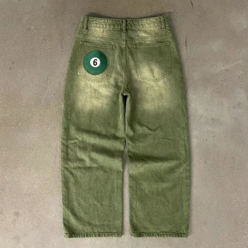 Y2K Street Matcha Denim Jeans Pocket Green 6 Ball Embroidery Denim Pants London High Street Trend Streetwear Unisex Baggy Jeans 1