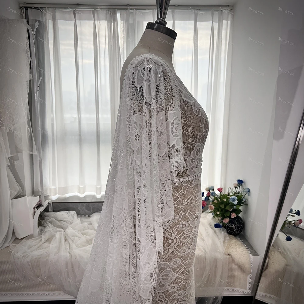 Mryarce Boho Chic Plus Size Spitzen-Brautkleider mit tiefem Ausschnitt und großen Flügeln, Cape-Ärmeln, Vestido De Noiva – Detail 12