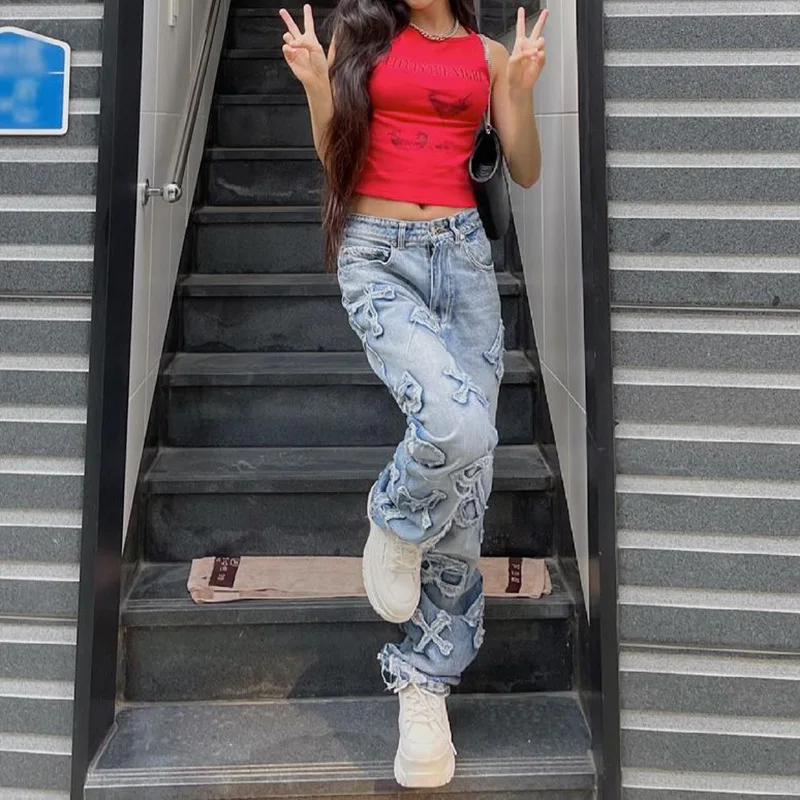 Patchwork Women\'s Jeans Y2K Streetwear Baggy Straight Cargo Pants Punk High Waist Wide Leg Denim Trousers 90s Vintage