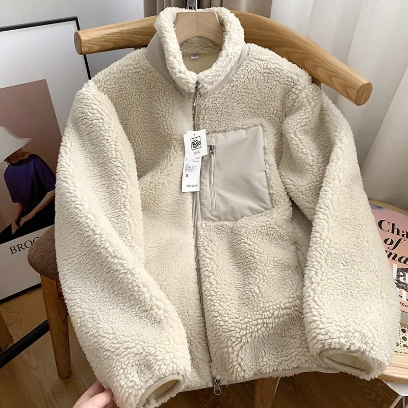 Autumn Winter Lambswool Coat Male Loose Windproof Warm Sherpa Stand Collar Polar Fleece Jacket Unisex Simple  Pocket Spliced Top 4