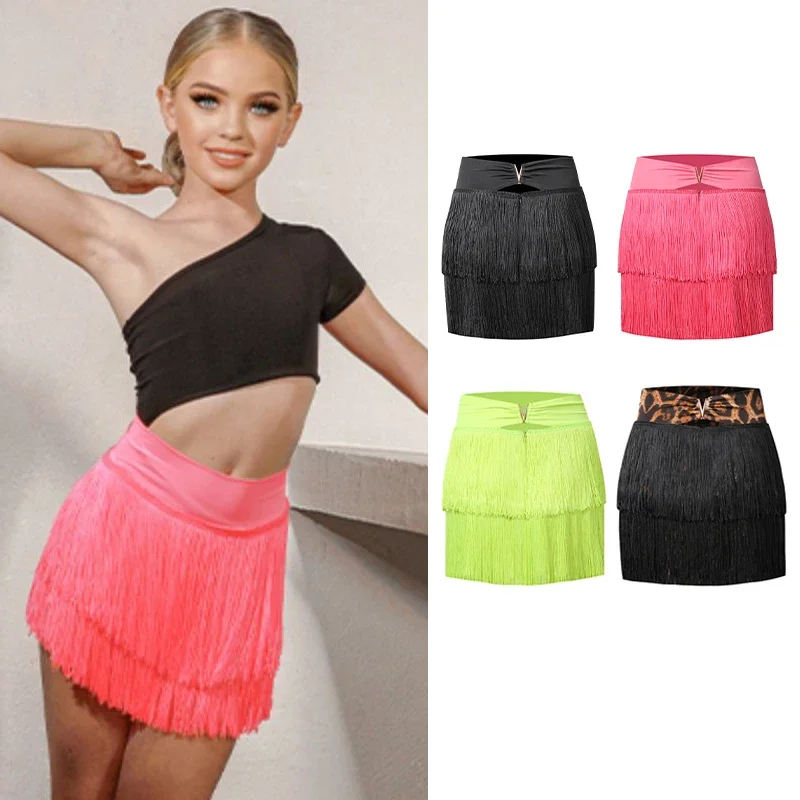 

New Latin Dance Skirt For Girls Cha Cha Rumba Dance Clothes Dense Tassels Latin Performance Costume Black Fringed Skirt DNV16158