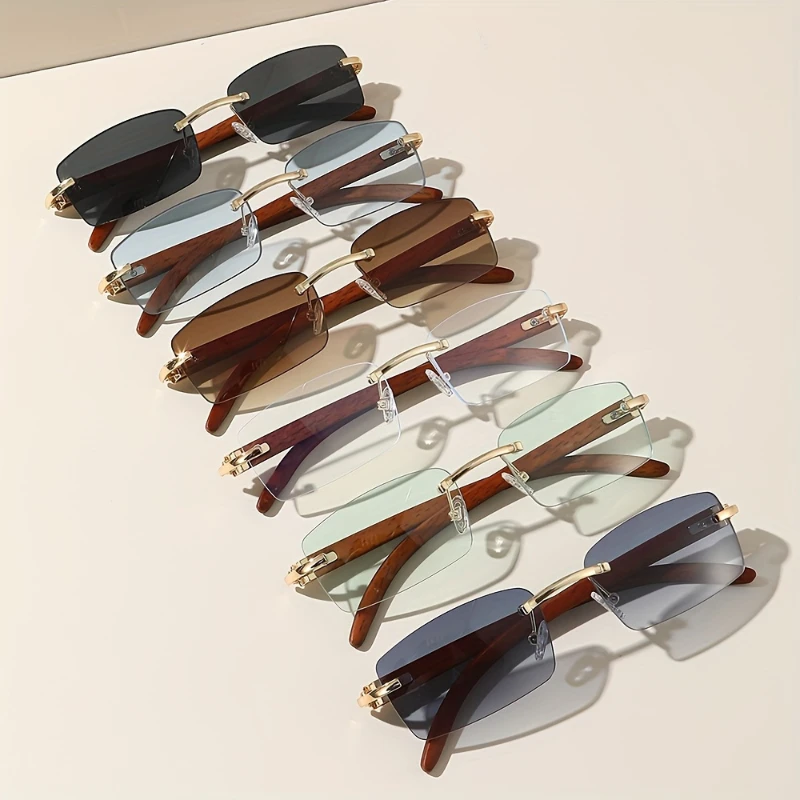 Lunettes de soleil sans monture pêche unisex 6 pièces grain bois rectangle protection UV randonnée