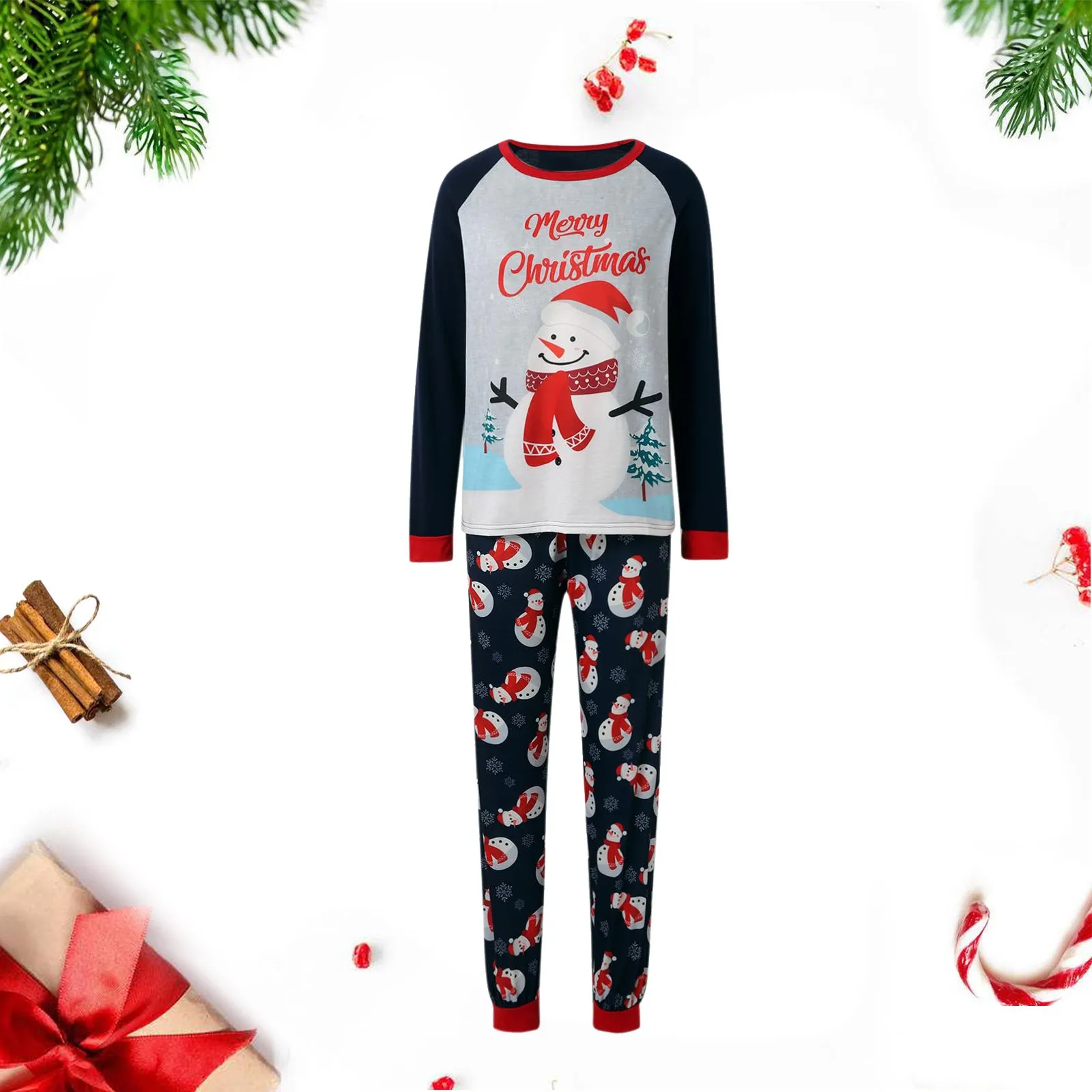 thumbnail image 4 of Conjunto familiar con estampado de muñeco de nieve navideño, pijamas para mamá y papá, ropa para el hogar, top de manga larga, pantalones, conjuntos de pijamas de dos piezas, 4 of 5