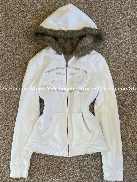 Vintage Letter Fur Collar Hooded Sweatshirt Autumn Winter