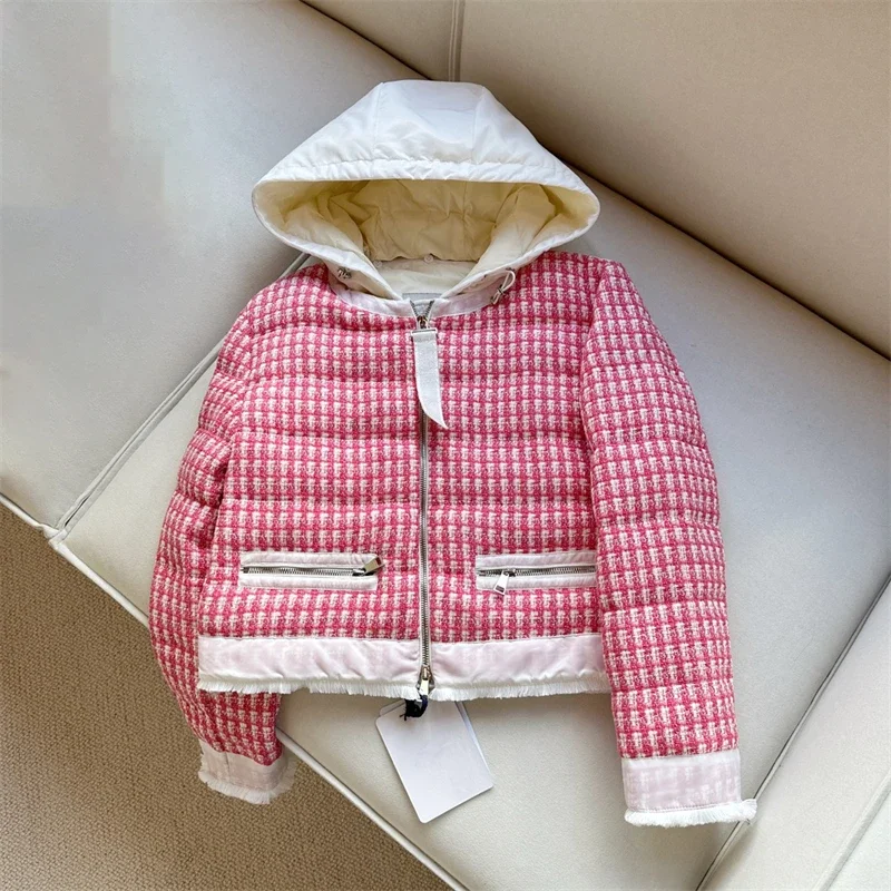 

Winter new women's houndstooth knitted contrast stitching 90 white duck down hooded down jacket y2k small fragrance style jacket