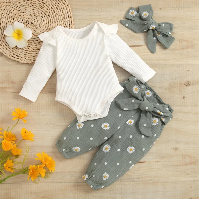 

0-24M Infant Baby Girls 3PCS Romper Sets Long Sleeve Plain Ribbed Snap Romper + Daisy Ruched Long Pants with Belt + Bow Headband