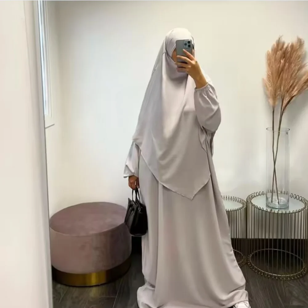 Jilbab 여성 기도복, 라마단 이슬람 Jilbeb 2 종 세트, 두바이 터키식 겸손 의상, 레이어드 Khimar 스카프, 히잡 롱 드레스