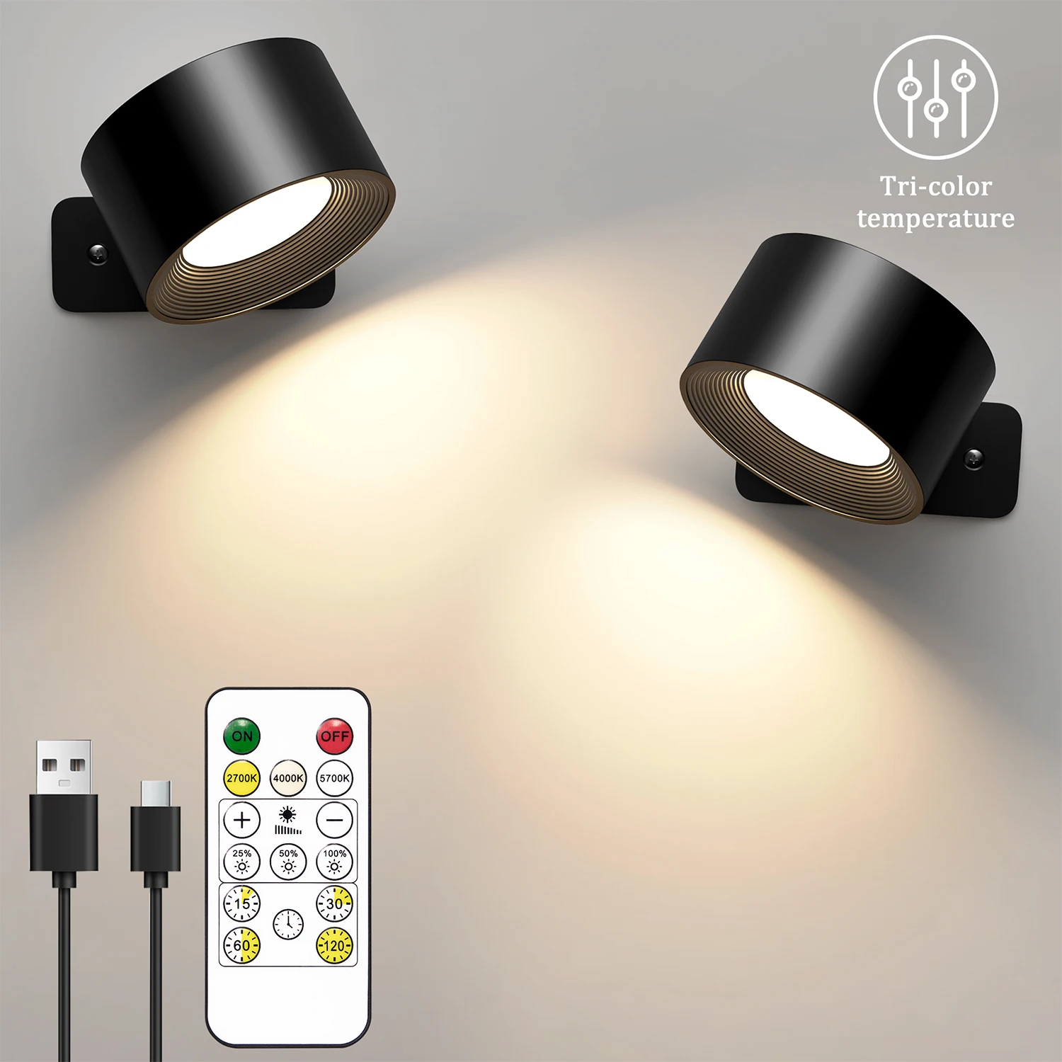 Apliques de pared LED, 3 niveles de brillo, 3 modos de color, luces de pared, 2000 mAh con pilas 360 ° Control táctil giratorio