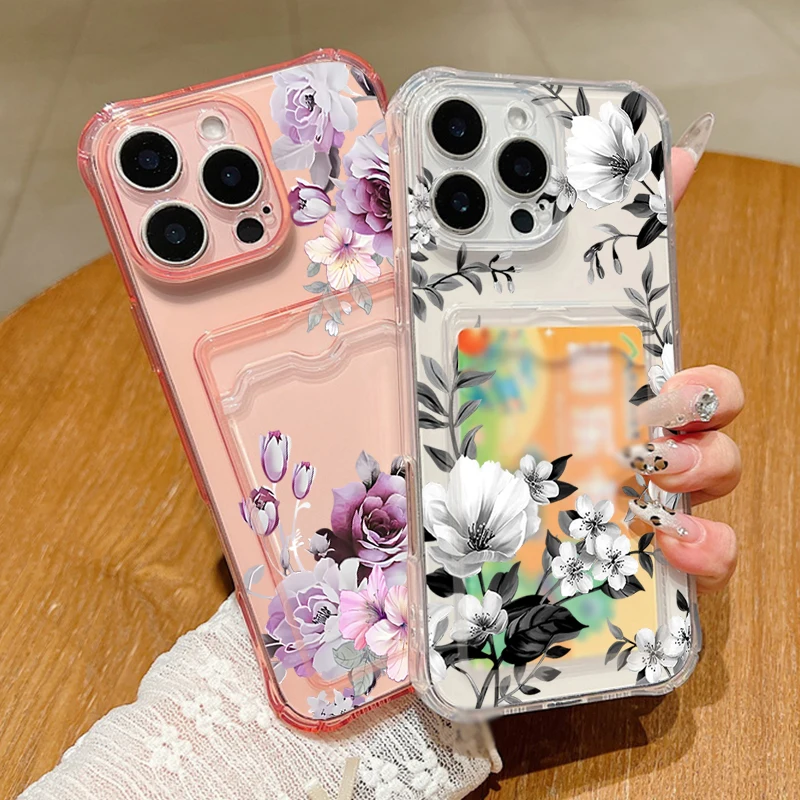 Floral Shockproof Silicone Phone Case with Card Slot Pocket