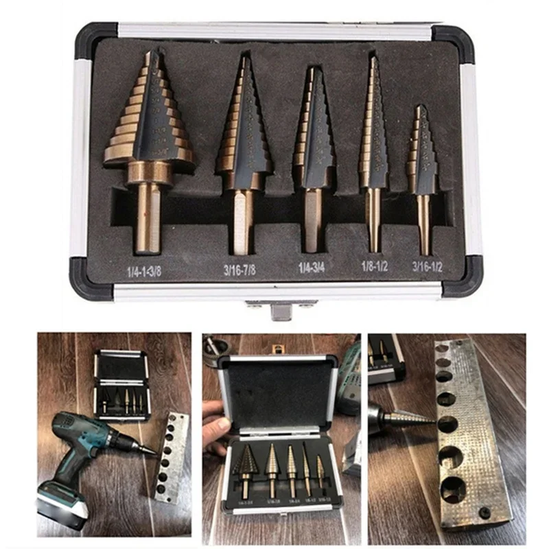 

5pcs Step Drill Bit Set Hss Cobalt Multiple Hole 50 Sizes Cobalt Titanium Conical Carbide Drill Perforator Hole Cutter Tool