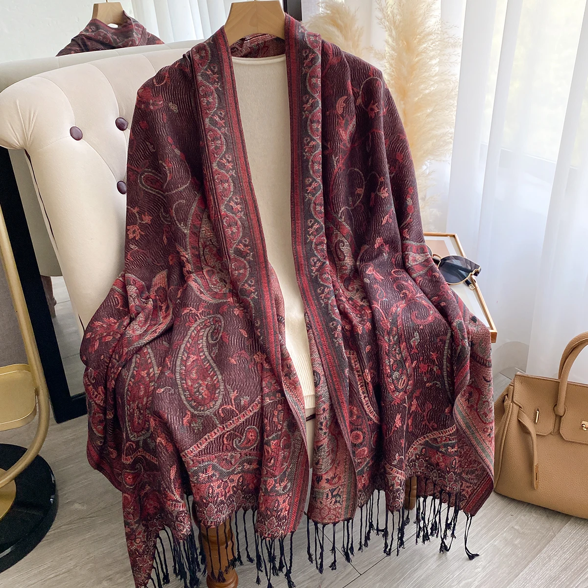 Luxury Winter Women's Cashmere Scarf - Printed Tasseled Embroidered Shawl, Warm Pareo Cape & Elegant Poncho