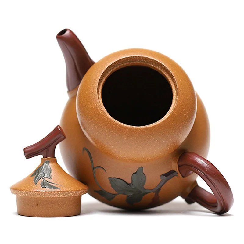 Chinese Style Gourd Shaped Teapot, Raw Ore Gold Section Mud, Kung Fu Household, Pure Handmade, 300cc , Purple Clay Tea Pots, 1Pc