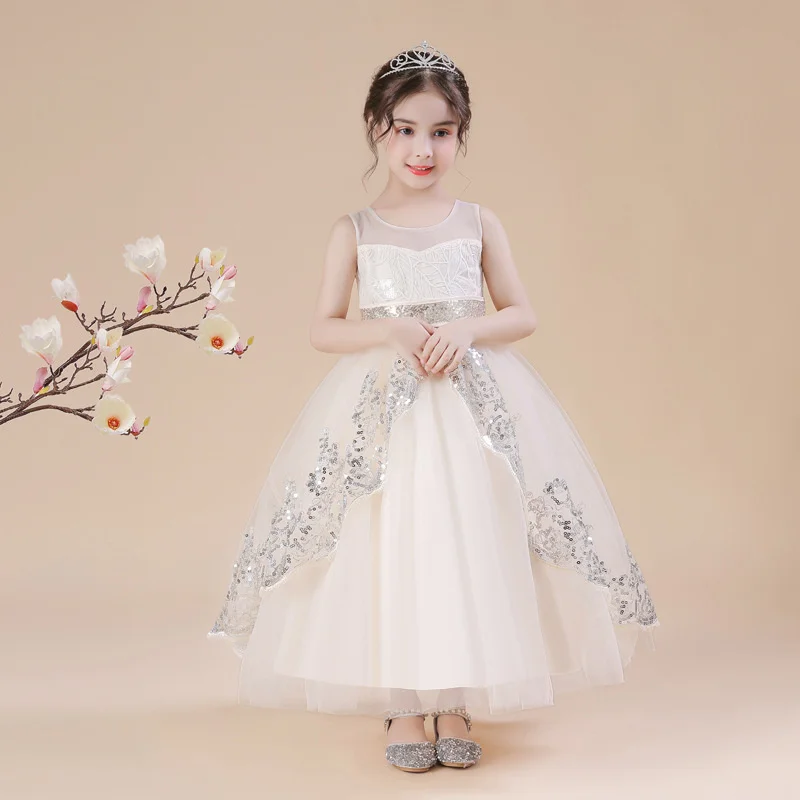 

Flower Girl Party Evening Princess Bridesmaid Dresses For Weddings O-Neck Sleeveless Sequins Mesh Long Host Tutu Vestidos