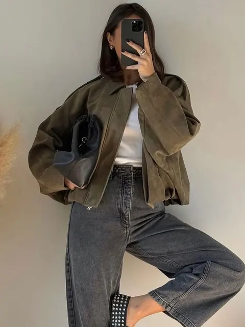 HH Women Brown Green Suede Jacket Loose Casual Bomber Coat Lapel Zipper Long Sleeve Jackets Vintage Lady Motorcycle Outwears 1
