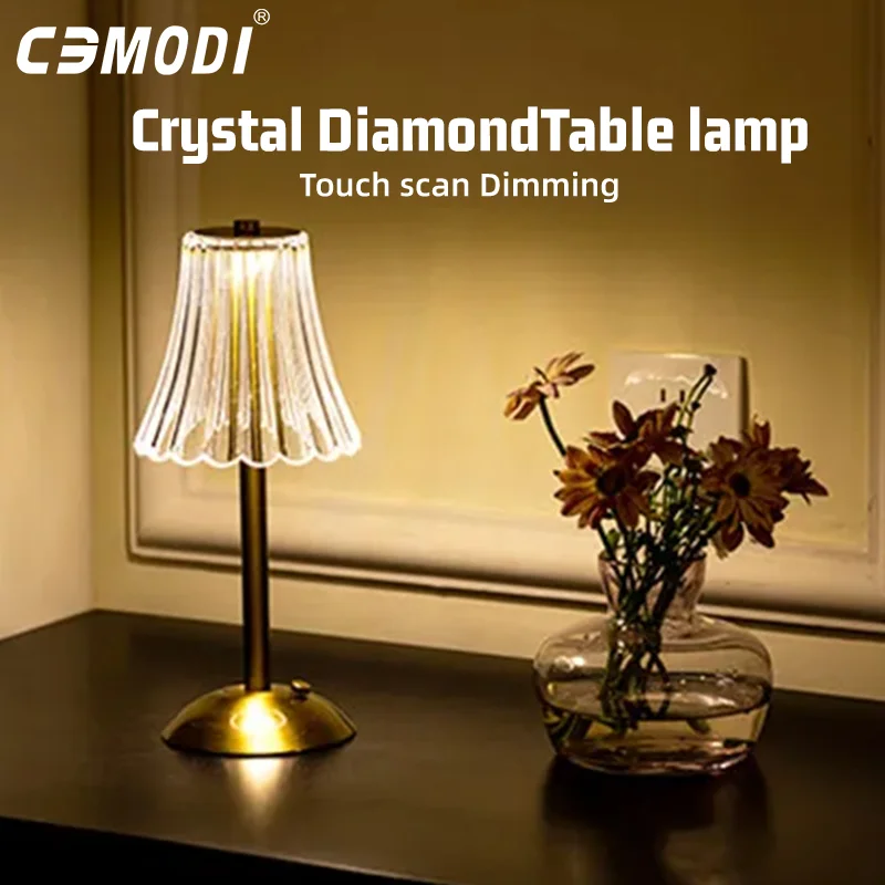 Table Lamp Crystal LED Table Lamp Rechargeable Touch Control 3 Color Dimmable Night Light for Bedroom USB Desk Lamp Bedside Reading